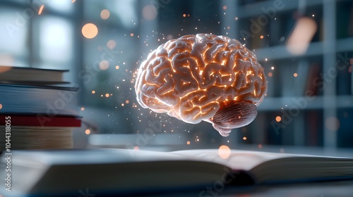 A vibrant glowing brain suspended over a stack of books surrounded by abstract patterns that symbolize the creative power of the mind and the pursuit of knowledge