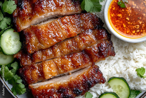 Golden crispy pork belly (Moo Krob) with perfectly crackling skin and tender, juicy layers of flavorful meat photo