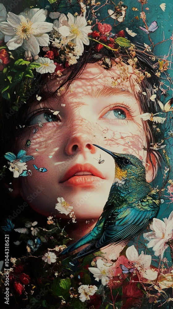 Woman with Hummingbird and Flowers - Surreal Portrait Woman with Hummingbird and Flowers - Surreal Portrait