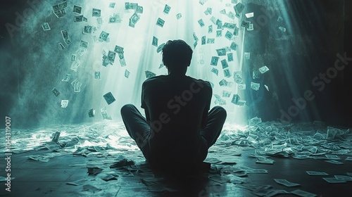 Silhouette of a Person Surrounded by Money, a Dreamlike Image