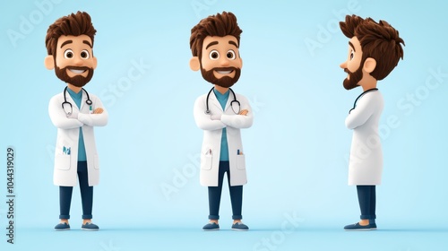 A fun and animated cartoon doctor character standing confidently with arms crossed, wearing a white lab coat and stethoscope, exuding professionalism and approachability.