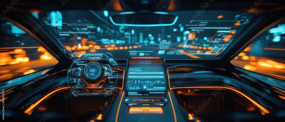 Futuristic car interior with advanced digital dashboard and ambient lighting. Futuristic car interior with advanced digital dashboard and ambient lighting.