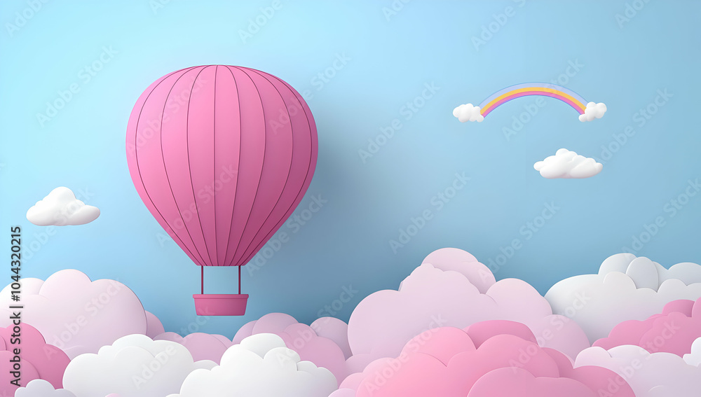 Obraz premium Pink Hot Air Balloon Flying Over Clouds With Rainbow, blue, sky, white, pastel, cartoon