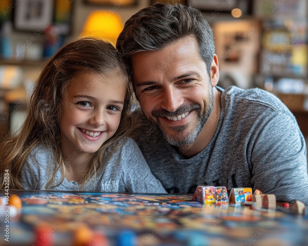 Fototapeta premium A family playing board games around a cozy living room. Emphasizing indoor fun and family bonding. Highlighting the enjoyment of spending quality time together. Ideal for family and home promotions.