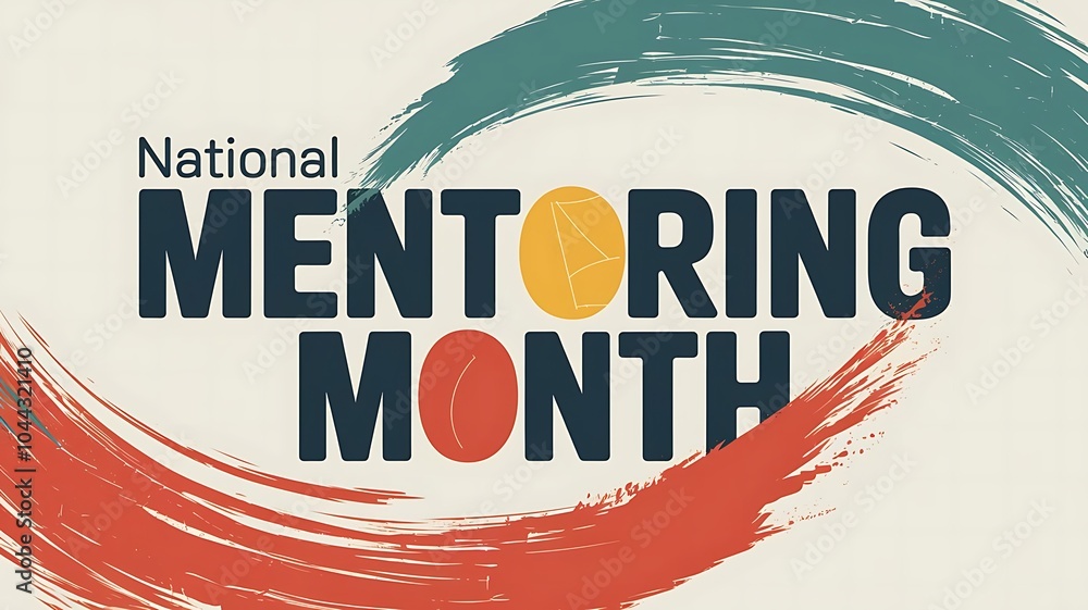 Obraz premium Colorful Graphic Design Celebrating National Mentoring Month – Bold Typography Framed by Arrows with Geometric Shapes in Teal, Pink, Orange, and White on a Dark Background