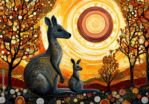 Kangaroo and Joey Under a Pointillist Sunset, Australian Animals, Outback, Wildlife, Red Earth, Bush photo