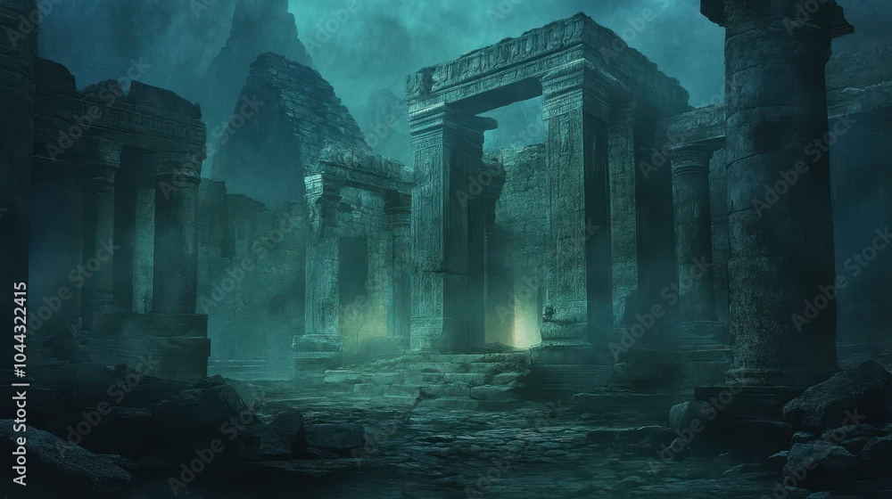 Mysterious Ancient Stone Ruins in Foggy Atmosphere