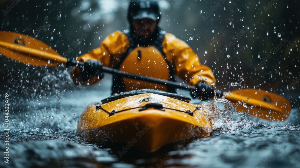 Fototapeta premium A man kayaking on a river. Featuring rapids and natural scenery. Showcasing adventure and skill. Ideal for adventure blogs.