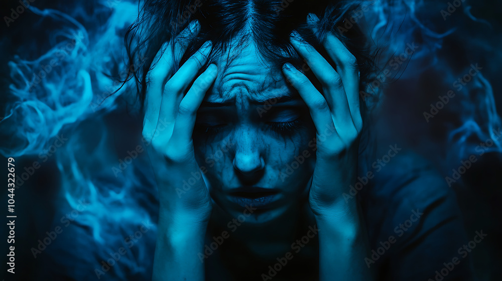 Anxious person sitting alone, showing signs of stress, worry, and emotional tension, isolated background Anxious person sitting alone, showing signs of stress, worry, and emotional tension, isolated background