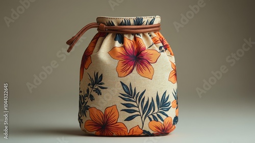 Custom floral drawstring pouch mockup with tropical flower patterns perfect for branding or gift packaging. Generative AI