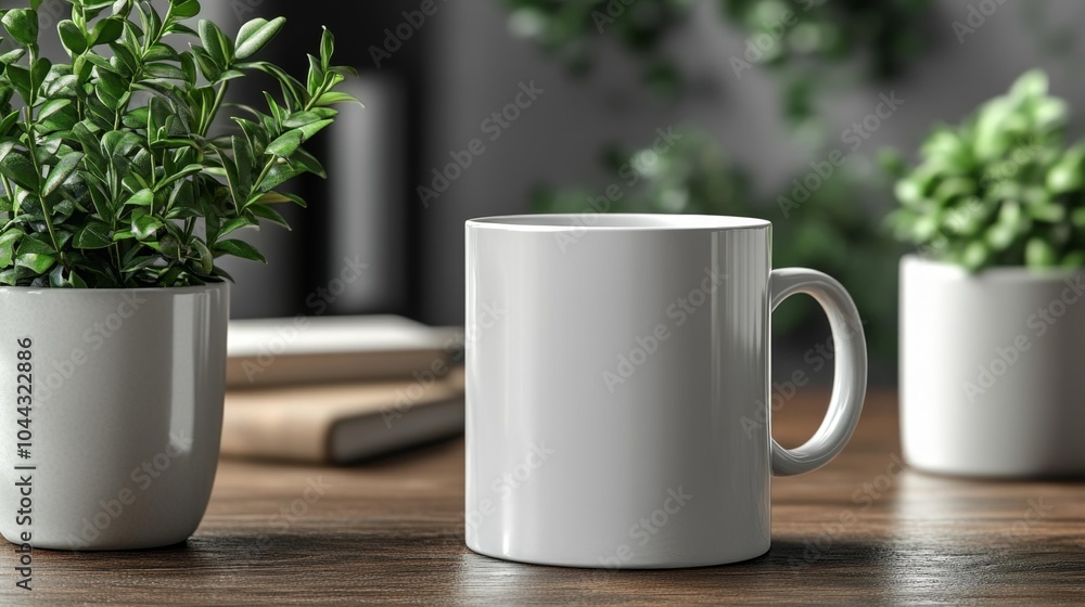 Minimalistic promotional ceramic mug mockup surrounded by indoor plants on a wooden table. Perfect for branding product presentations or promotional visuals.. Generative AI Minimalistic promotional ceramic mug mockup surrounded by indoor plants on a wooden table. Perfect for branding product presentations or promotional visuals.. Generative AI
