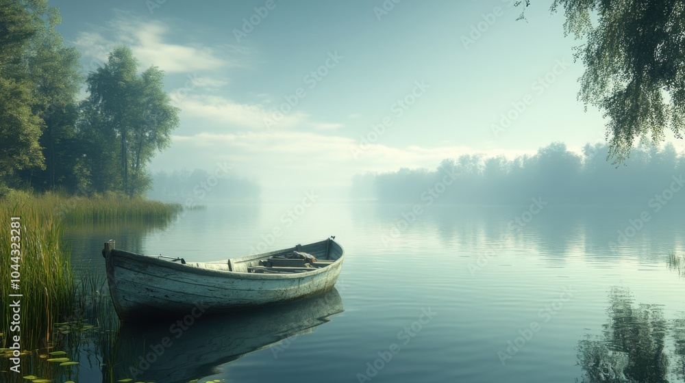 A peaceful lakeside with a person fishing from a boat. Featuring calm water and natural surroundings. Emphasizing relaxation and outdoor hobbies. Ideal for nature blogs. A peaceful lakeside with a person fishing from a boat. Featuring calm water and natural surroundings. Emphasizing relaxation and outdoor hobbies. Ideal for nature blogs.