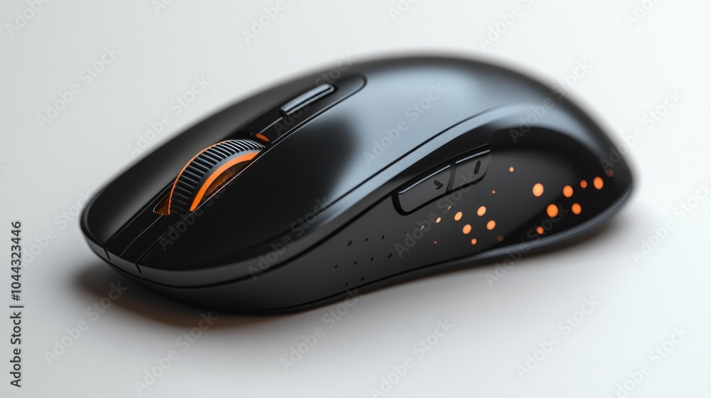 High-tech wireless mouse mockup with sleek black design and orange accents ideal for presenting product design or branding. (Do not use as a title). Generative AI High-tech wireless mouse mockup with sleek black design and orange accents ideal for presenting product design or branding. (Do not use as a title). Generative AI