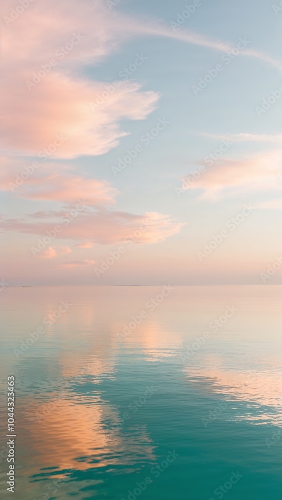 Obraz premium serene, peaceful sea, with still, mirror-like, turquoise water reflecting a warm, soft, pastel-hued sky at sunrise or sunset,