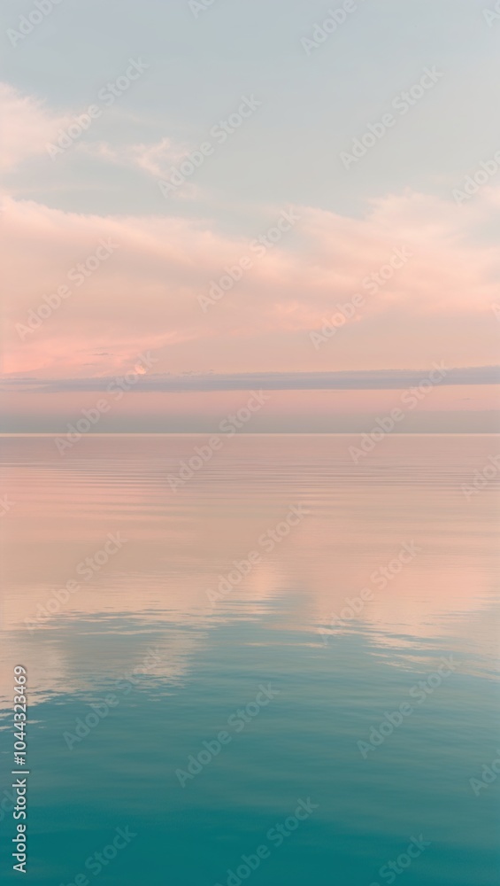 Obraz premium serene, peaceful sea, with still, mirror-like, turquoise water reflecting a warm, soft, pastel-hued sky at sunrise or sunset,