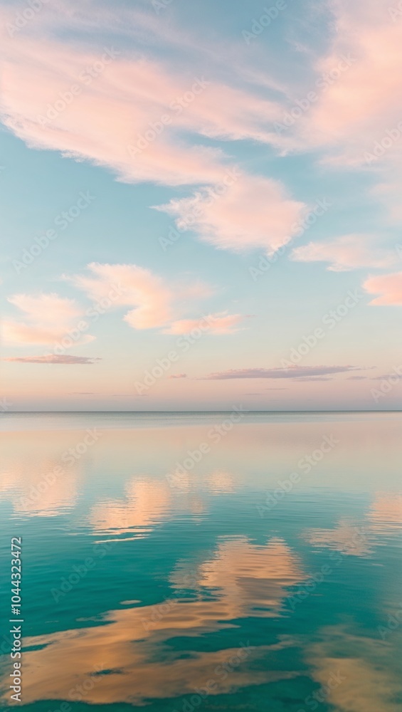 Fototapeta premium serene, peaceful sea, with still, mirror-like, turquoise water reflecting a warm, soft, pastel-hued sky at sunrise or sunset,