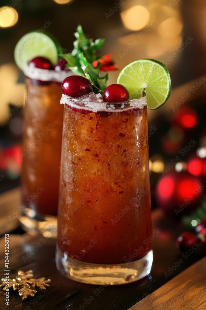 A Christmas Long Island Iced Tea, featuring a festive blend of red cranberry juice and green lime garnishes A Christmas Long Island Iced Tea, featuring a festive blend of red cranberry juice and green lime garnishes
