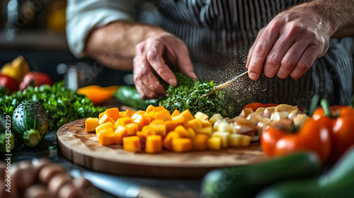 Chef chopping vegetables on a cutting board, cooking, food, kitchen, knife, hands photo