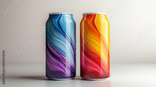 Energy drink can product mockup in blue and red colors with vibrant swirl patterns on a white background perfect for beverage advertising packaging design and branding concepts. Generative AI