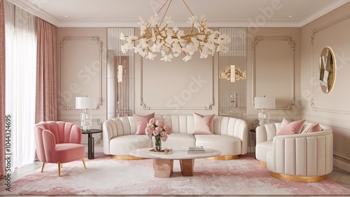 Luxury Glam Living Room Elegant living room with pink and white furniture, a chandelier, and a rug.