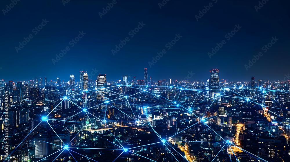Obraz premium Cityscape with Network Connections, skyline, night, urban, modern, metropolis