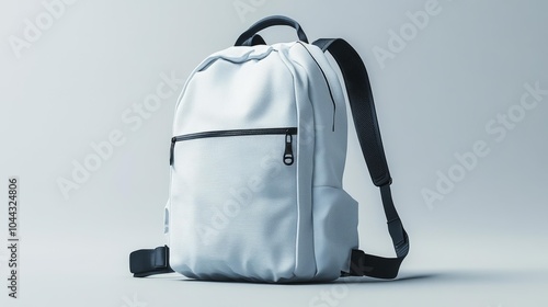 White minimalist backpack mockup with black zippers and straps displayed on a plain background. Great for branding projects product presentations and outdoor gear promotions.. Generative AI