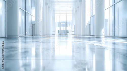 Modern Office Hallway with Glass Walls and Marble Floor, corridor, white, clean, bright, light