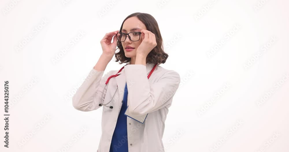 Woman doctor puts on glasses straightening lab coat. Confident female physician with stethoscope on shoulders crosses arms with smile waiting visitor Woman doctor puts on glasses straightening lab coat. Confident female physician with stethoscope on shoulders crosses arms with smile waiting visitor