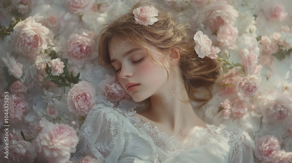 Dreamy Portrait of a Woman Surrounded by Pink Flowers Dreamy Portrait of a Woman Surrounded by Pink Flowers