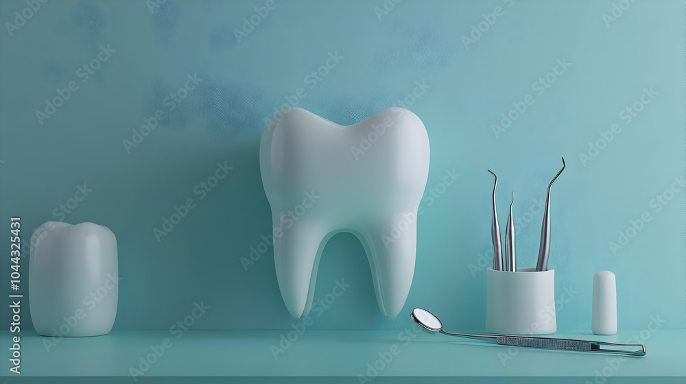 Dental Care Tools and Tooth Models on a Blue Background, dental health, teeth, dentistry, dental tools, dental equipment Dental Care Tools and Tooth Models on a Blue Background, dental health, teeth, dentistry, dental tools, dental equipment