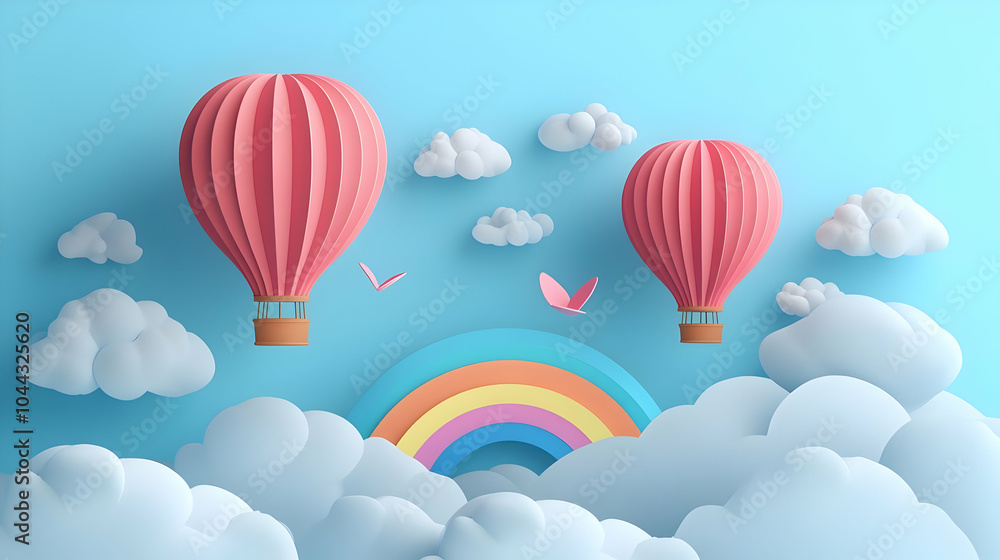Fototapeta premium Pink Hot Air Balloons Flying Over Rainbow and Clouds, pink balloon, pastel, sky, blue sky, white clouds