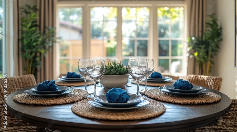 Fototapeta premium A dining room table with round edges, set with simple yet elegant Chinese Feng Shui decor for family harmony.
