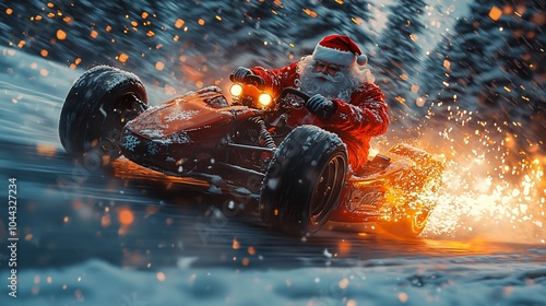 Santa Claus joyfully rides a decorated go-kart through a snowy landscape at night, perfect for Christmas marketing, holiday cards, and festive event promotions.
