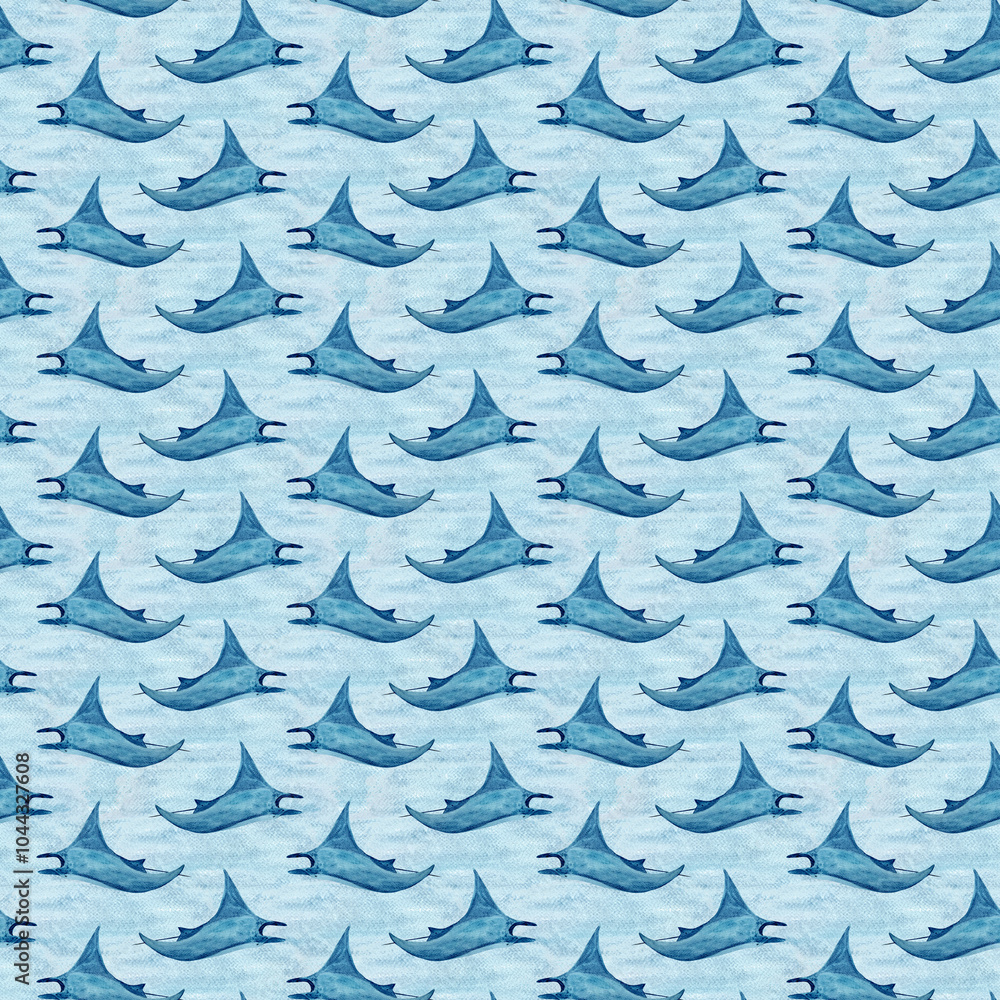 Obraz premium Manta ray wave watercolor seamless pattern on blue background. High quality hand-drawn monochromatic illustration for notebooks, posters, wallpaper, textile, beach towel, wrapping paper and room decor