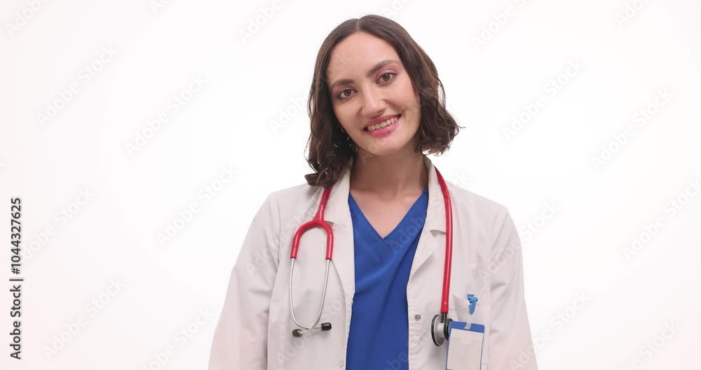 Young woman doctor creates heart shape with hands. Brunette female physician with stethoscope on shoulders forms heart gesture with kind smile Young woman doctor creates heart shape with hands. Brunette female physician with stethoscope on shoulders forms heart gesture with kind smile
