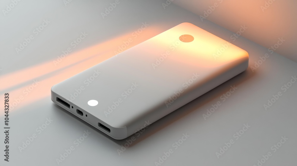 A modern white power bank with a sleek design and multiple ports, resting on a white surface with a soft golden light reflecting off its surface. Perfect for product mockups and branding. A modern white power bank with a sleek design and multiple ports, resting on a white surface with a soft golden light reflecting off its surface. Perfect for product mockups and branding.