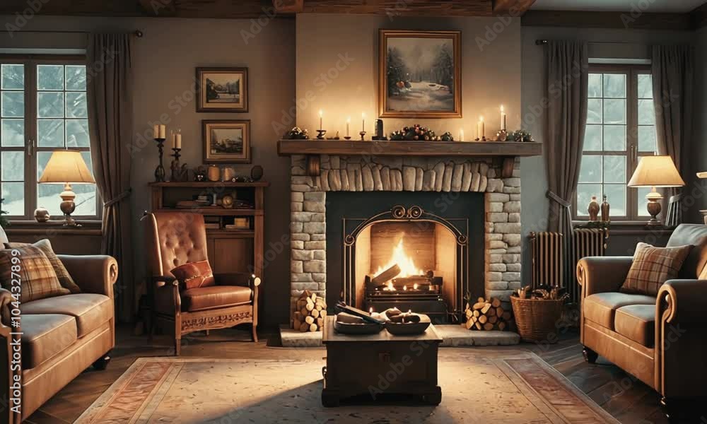 Aerial time-lapse of Cozy living room with warm fireplace and rustic decor creating a comforting winter ambiance Aerial time-lapse of Cozy living room with warm fireplace and rustic decor creating a comforting winter ambiance