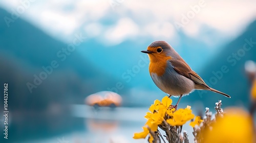 A striking close-up of a bird perched on a flower with a distant view of snowy mountains a river and a supercar taken with a Sony A90 and 600mm lens. photo