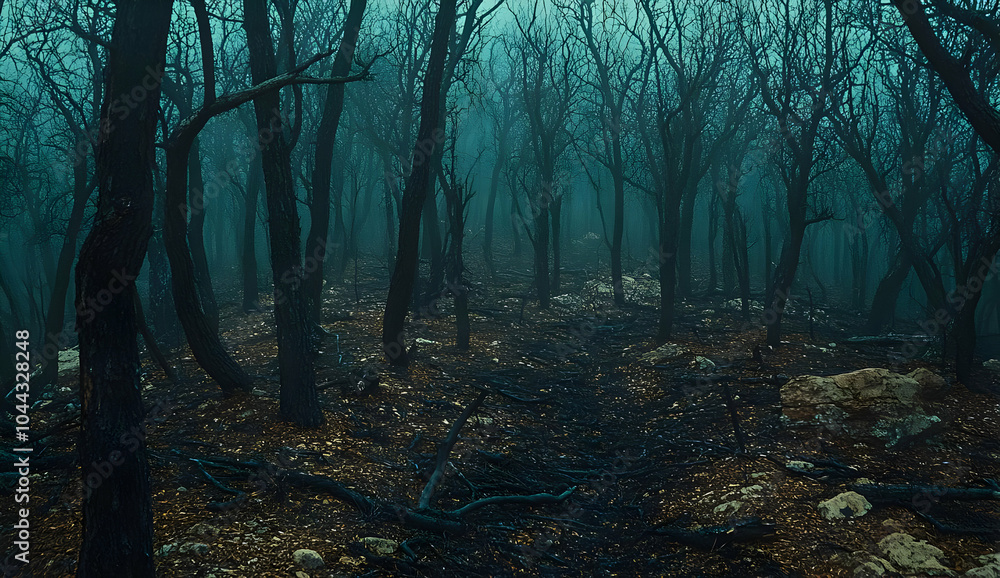Obraz premium Mystical Foggy Forest, trees, misty, spooky, eerie, mysterious