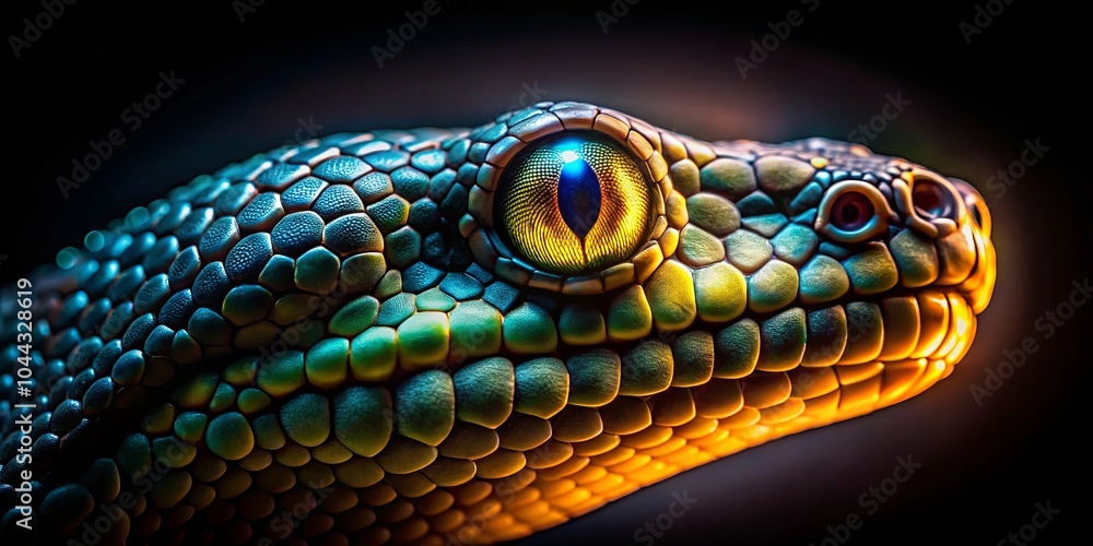 A close-up of a serpent's head with an iridescent eye, revealing intricate scales illuminated by a warm glow against a dark backdrop. A close-up of a serpent's head with an iridescent eye, revealing intricate scales illuminated by a warm glow against a dark backdrop.