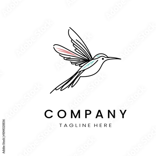 minimalistic and simple hummingbird vector line art with a bit of color, on a white background 
