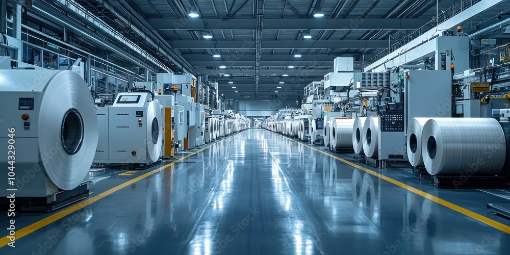 Industrial Factory Interior with Rows of Large Spools of Paper Industrial Factory Interior with Rows of Large Spools of Paper