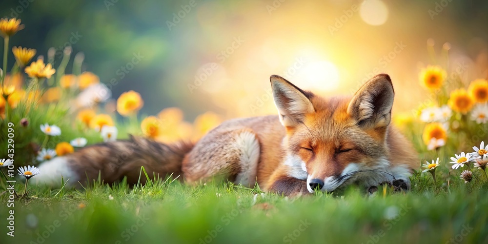 A Resting Fox Amidst a Field of Daisies, Bathed in the Golden Hues of a Setting Sun A Resting Fox Amidst a Field of Daisies, Bathed in the Golden Hues of a Setting Sun