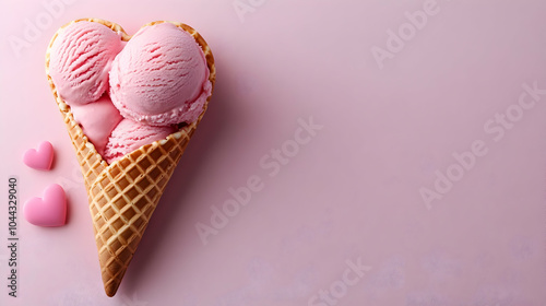 Heart-Shaped Waffle Cone with Pink Ice Cream, sweet, dessert, treat, summer, love