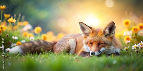 A Resting Fox Amidst a Field of Daisies, Bathed in the Golden Hues of a Setting Sun