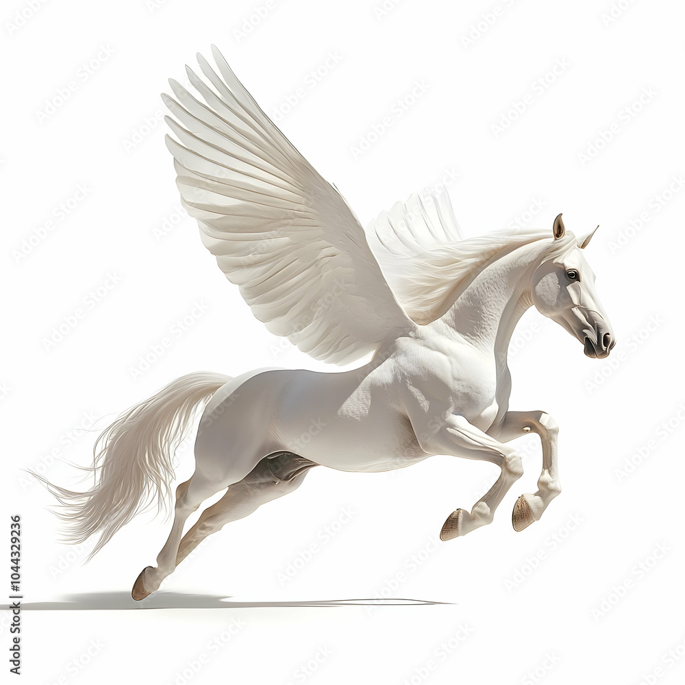 White Pegasus Flying in White Background, horse, mythical, creature, wings, fantasy White Pegasus Flying in White Background, horse, mythical, creature, wings, fantasy