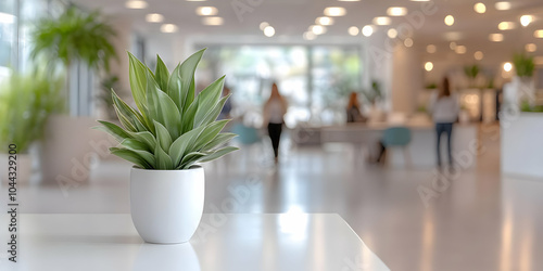 Green Plant in White Pot on White Table in Modern Office Interior, leaves, desk, background, blur, space photo