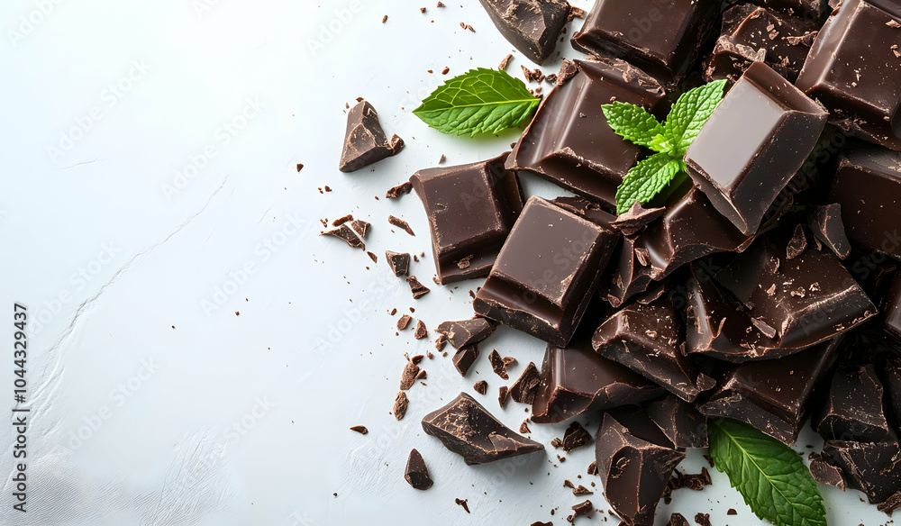 Fototapeta premium Dark Chocolate with Mint Leaves on White Background, bitter, sweet, dessert, treat, snack