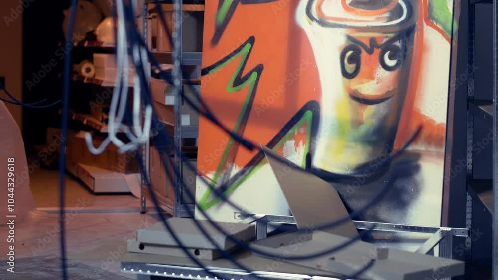 Empty pizza boxes in defective abandoned warehouse with graffiti drawings on walls, tilt up shot. Electric cables hanging in city suburbs ghetto place used as crime haven by delinquents Empty pizza boxes in defective abandoned warehouse with graffiti drawings on walls, tilt up shot. Electric cables hanging in city suburbs ghetto place used as crime haven by delinquents