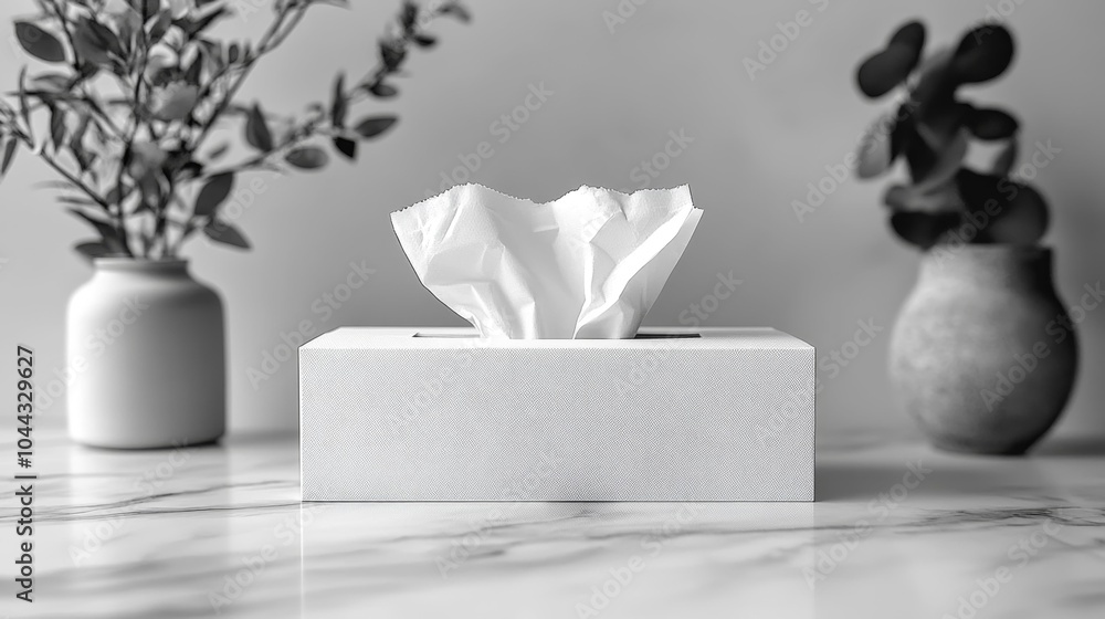 Minimalistic tissue box mockup with a clean white design surrounded by decorative plants on a marble surface. Perfect for showcasing simple elegant and modern home essentials.. Generative AI Minimalistic tissue box mockup with a clean white design surrounded by decorative plants on a marble surface. Perfect for showcasing simple elegant and modern home essentials.. Generative AI